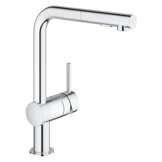 GROHE Minta single-lever sink mixer, 360° swivel spout, high L-spout, pull-out comfort shower head. A modern kitchen tap in a chrome finish. Easy to i