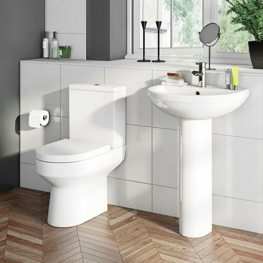 Wharfe complete cloakroom suite with full pedestal basin 500mm with tap and waste - Orchard