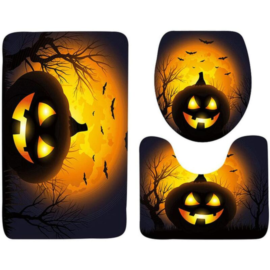 Betterlifegb - Toilet Toilet Pugs Bathroom Mat Set Halloween Pumpkin Head Pumpkin Head Toy Toilet Cover Bath Mat Black and Orange Cover 3pcs