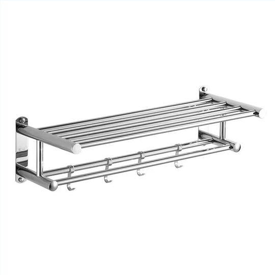 Asupermall - Bath Towel Rack Double Layered Bathroom Shelves with 4 Removable Hooks Wall Mounted Towel Holder 23 Inch Towel Bar Rustproof Stainless