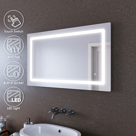 ELEGANT Anti-Fog Mirror Aluminium Framed Illuminated Bathroom Mirror 1000x600mm Mirror with Shaver Socket
