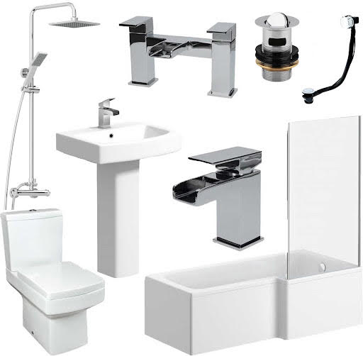 Royan Complete Bathroom Suite Bundle with L Shape Shower Bath - Right Hand 1700mm
