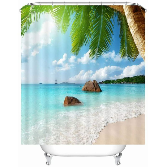 Beach motif shower curtain, waterproof fabric anti-mold incl, Shower curtain rings washable bathtub curtain