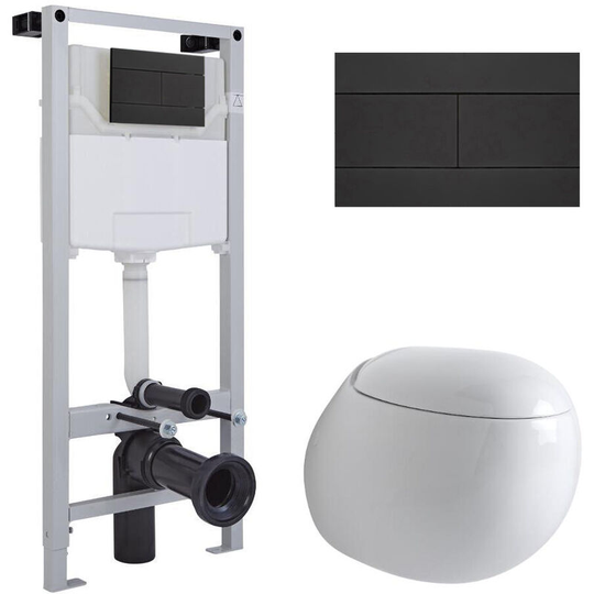 Milano - Mellor - White Ceramic Modern Bathroom Wall Hung Round Toilet wc with Tall Wall Frame Cistern and Black Flush Plate