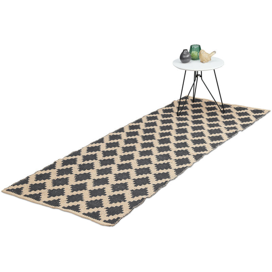 Cotton Runner Rug, 80 x 200 cm, Non-slip, Hand-Woven, Diamond Pattern, Decorative Carpet for Any Room, Grey - Relaxdays
