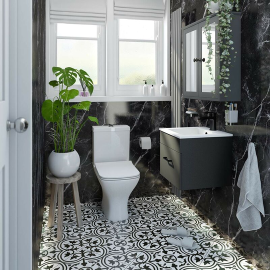 Lea soft black wall hung vanity unit with black handle 420mm and Derwent square close coupled toilet suite - Black - Orchard