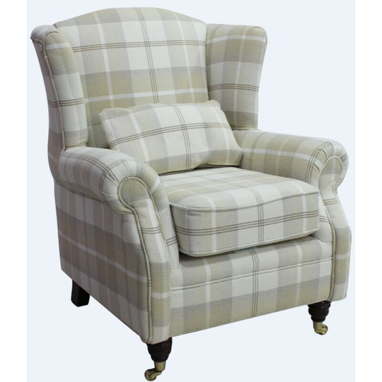 Wing Chair Fireside High Back Armchair Balmoral Natural Check Fabric p&s