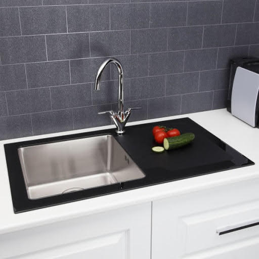 Sauber Stainless Steel Inset Kitchen Sink & Black Glass Drainer RH