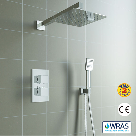 Aica Square Chrome Thermostatic Shower Mixer Bathroom Concealed Twin Head Valve Set