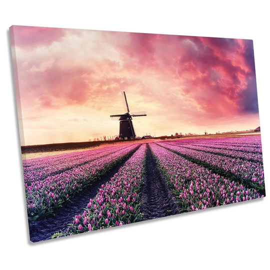 Windmill Pink Sunset Landscape Framed CANVAS PRINT Wall Art