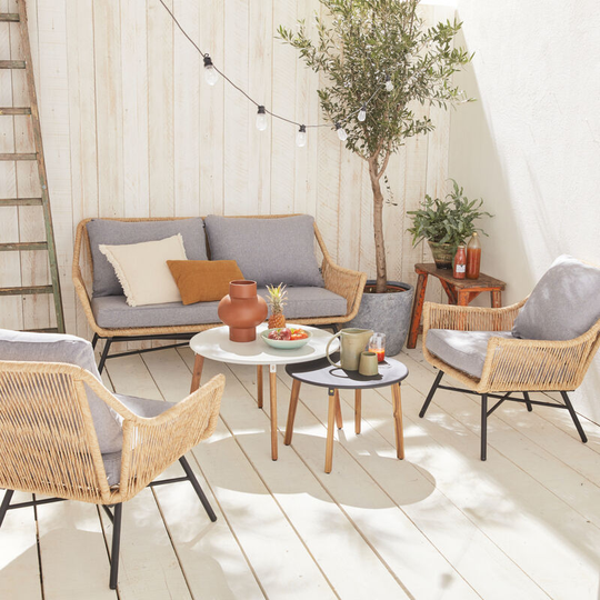 4-seater rattan garden sofa set with 2 nesting tables - KUTA - 2-seater sofa and 2 armchairs set, heather grey cushions - Wood