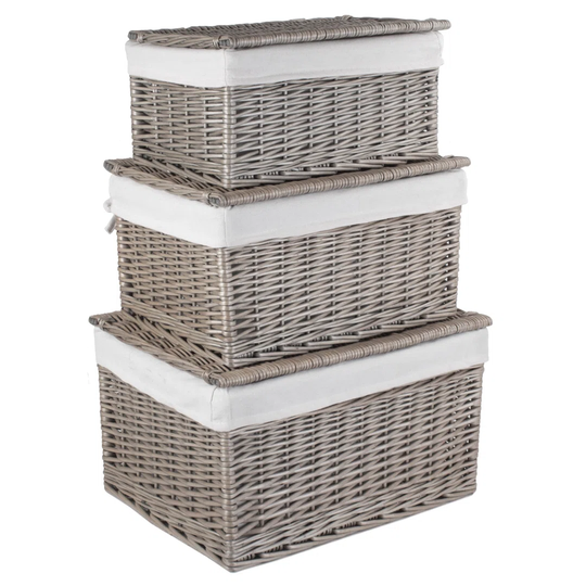 Lined Wicker 3 Piece Storage Hamper Set