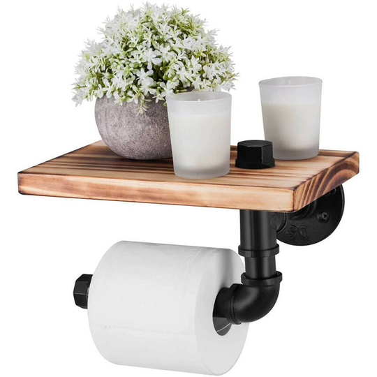 Toilet paper holder Decorative wall shelf - Industrial style - Steel pipe - with wooden shelf for bathroom decoration