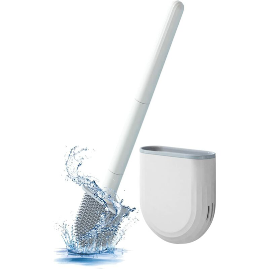 Toilet brush, silicone toilet brush and holder, deep toilet brush with quick-drying holder, wall mount (white)