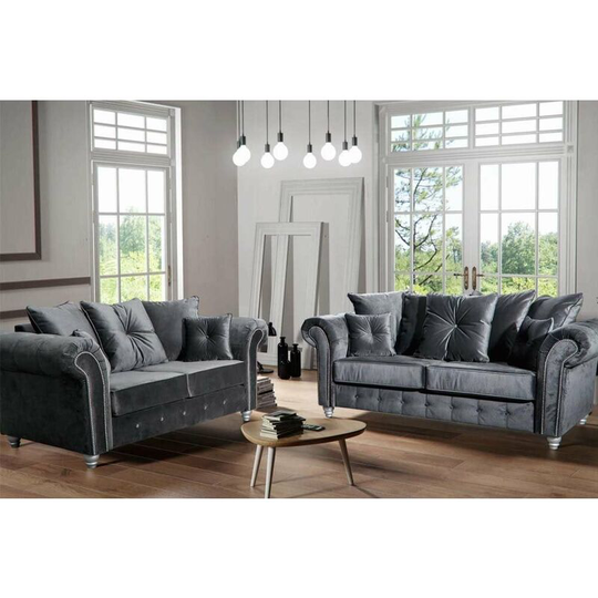 Olympia 3 & 2 Seater Plush Velvet Fabric Sofa Set - Grey