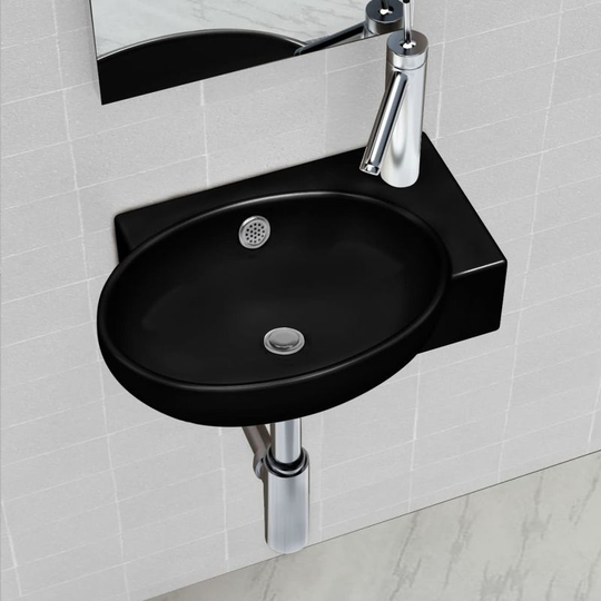 Ceramic Bathroom Sink Basin Faucet/Overflow Hole Black Round VD04203