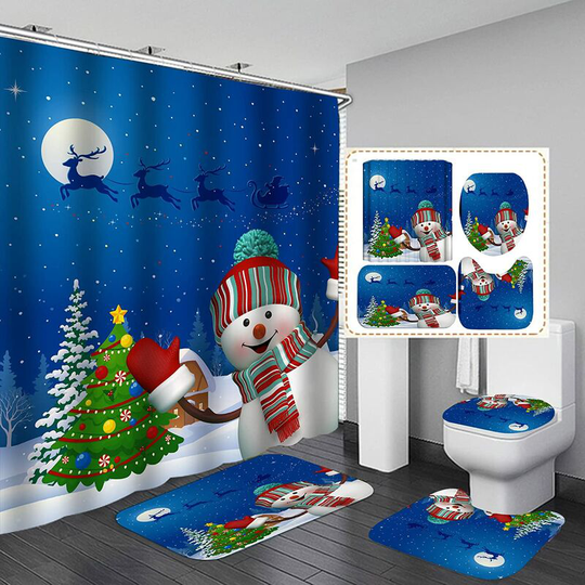 Sunflowergb - Merry Christmas Blue Snowman Shower Curtain Sets for Bathroom, 4 Pieces Christmas Shower Curtain/Non-Slip Bathroom Mat/Cover Toilet