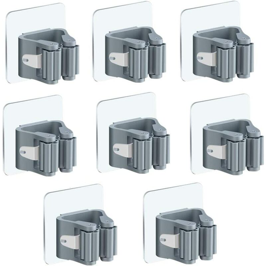 Wall Mounted Broom Holder Self Adhesive Mop Holder Wall Mounted 8 Pieces No Drilling Broom Clip Holders for Kitchen Bathroom Garden(Grey)