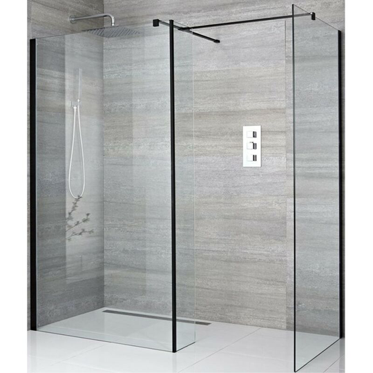 Nero - Corner Walk In Wet Room Shower Enclosure with 800mm & 700mm Screens, Return Panel, Support Arms and 1200mm Tile Insert Shower Drain - Black