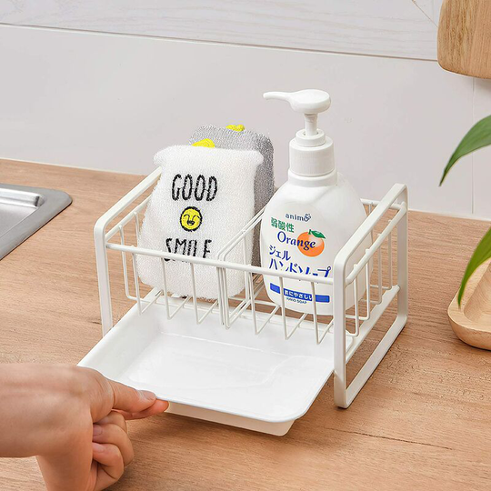 Sink organizer with dish drainer and divider for kitchen, kitchen accessory, stainless steel utensil holder, white