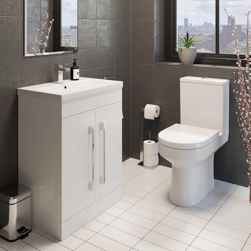 Tivoli Rimless Close Coupled Toilet & Aurora Vanity Unit with Doors - 600mm White Gloss