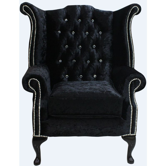 Chesterfield Crystal Diamante Queen Anne High Back Wing Chair Shimmer Black Velvet