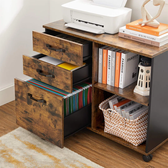 3-Drawer File Cabinet, Mobile Lateral Filing Cabinet With Open Compartments, For A4, Letter Sized Documents, Printer Stand, Industrial, Rustic Brown A