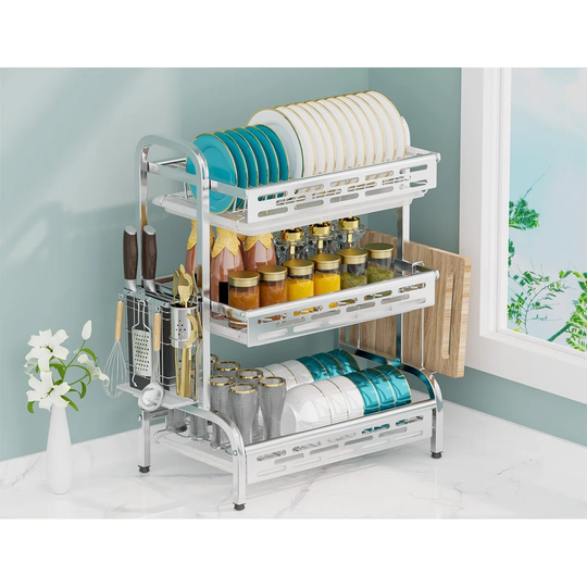 Dish Drainers Rack With Drip Tray, 304 Stainless Steel 3 Tier Large Dish Drying Rack With Draining Board And Cutlery /Chopping Board Holder Over Sink,