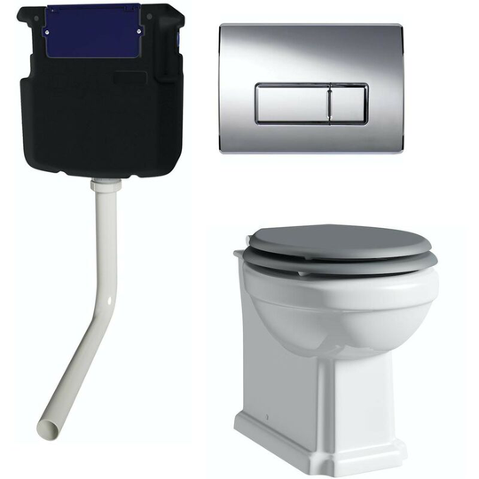 The Bath Co. Dulwich back to wall toilet with grey soft close seat, concealed cistern and push plate - White