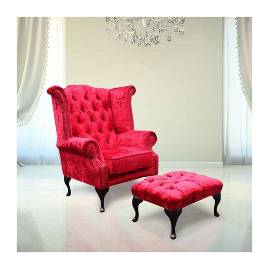 Chesterfield Queen Anne High Back Wing Chair Plush Red Velvet + Footstool