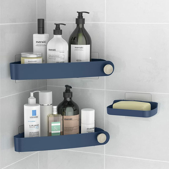 Pieces Plastic Shower Shelf with Soap Box, Bathroom Storage and Organization, Shower Soap Dish, Bathroom Shelf, Includes 6 Adhesive Stickers, Navy