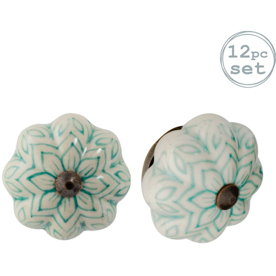 Floral Ceramic Cabinet Knobs - Mint Green - Pack of 12 - Nicola Spring