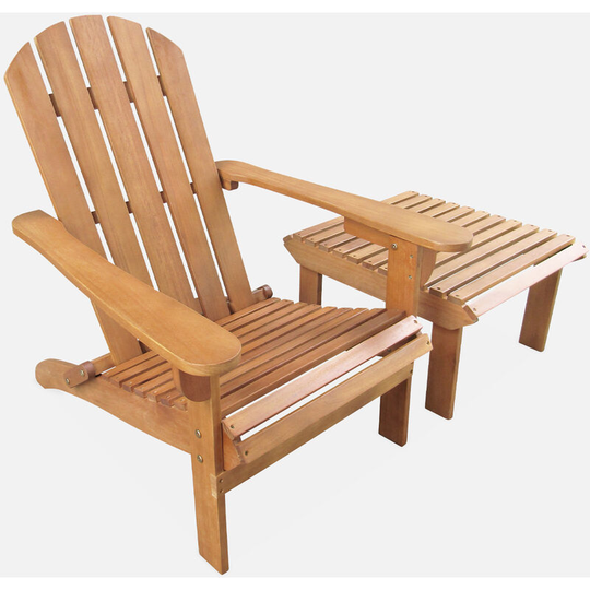 Garden armchair with footrest and side table - Adirondack Salamanca - fsc Eucalyptus, retro terrace chair, folding beach chair - Wood