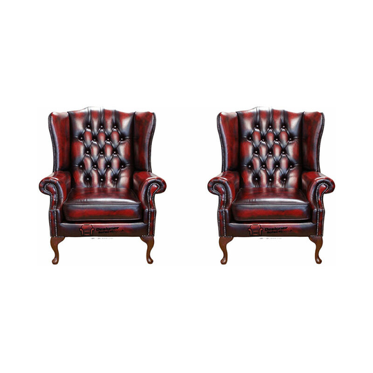 Chesterfield 2 x Mallory Wing Chair Leather Sofa Suite Offer Antique Oxblood