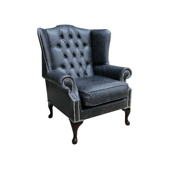 Chesterfield Mallory Queen Anne High Back Wing Chair Cracked Wax Black Leather