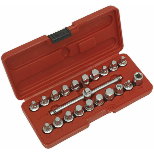 Loops - 21 Piece Oil Drain Plug Key Set - 3/8' Sq Drive - Sliding T-Bar - Steel Keys