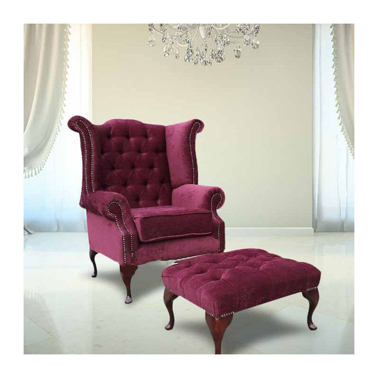 Chesterfield Fabric Queen Anne High Back Wing Chair + Matching Footstool Damson