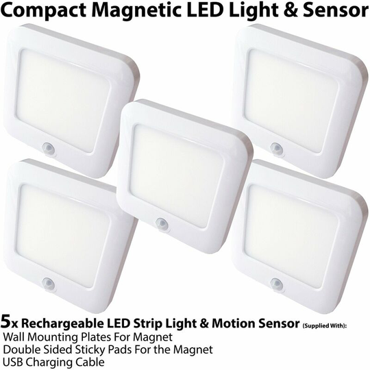 5x Rechargeable Magnetic led Square Light & pir Motion Sensor - Cupboard Cabinet Kitchen Unit Mini Auto Spotlight