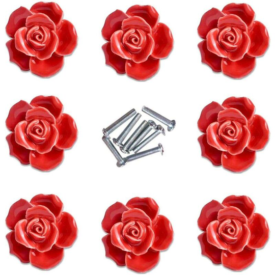 8Pcs Elegant Red Rose Pulls Flower Ceramic Cabinet Knobs Cupboard Drawer Pull Handles