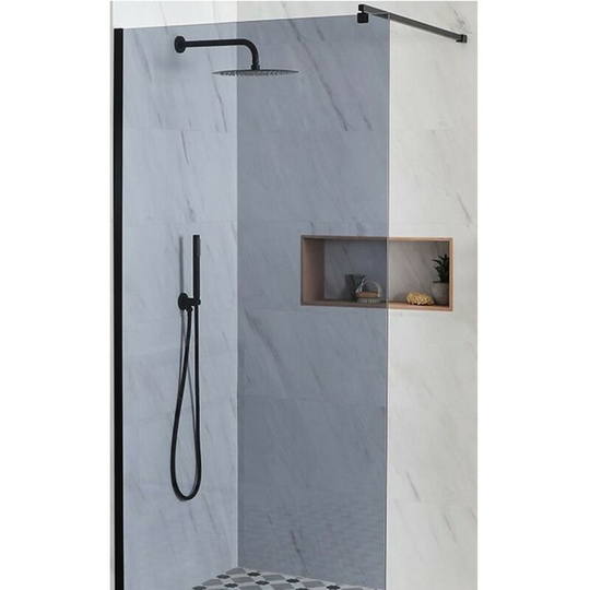 Nero-Luna - 1000mm Recessed Walk In Frameless Wet Room Shower Enclosure with Smoked Glass Screen, Support Arm and 800mm Linear Stainless Steel Drain