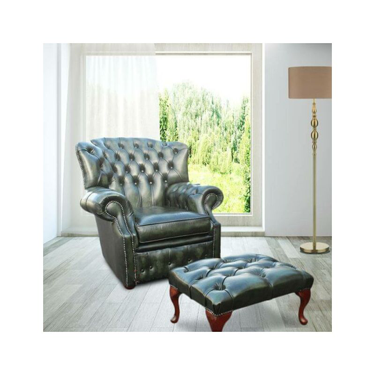 Chesterfield Monks High Back Wing Chair Antique Green uk Manufactured Armchair+Footstool