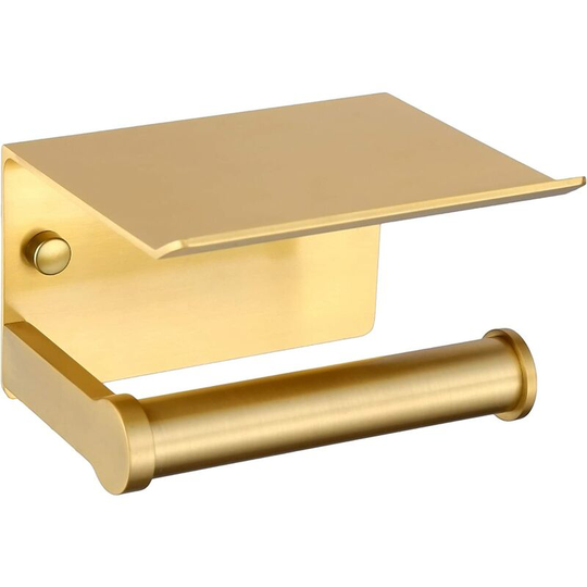 Toilet Paper Holder, Wall Mounted Toilet Paper Holder with Storage Shelf, Self Adhesive, Aluminum (Gold)