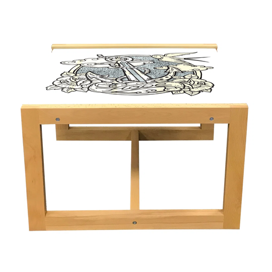 Anchor Coffee Table, Anchor And Roses Antique Monochrome Clouds Bird Wings Old Style Sketching Print, Acrylic Glass Center Table With Wooden Frame For