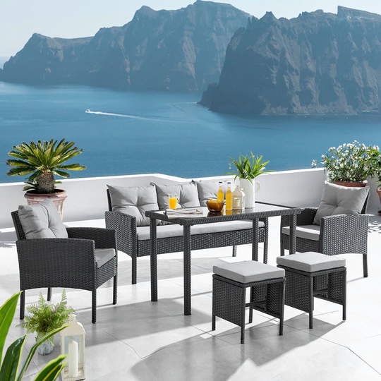 Set Of 2 Armchairs, 2 Ottomans, Sofa And Table Clary Black/grey