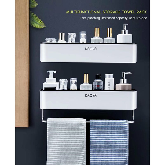 2pcs Bathroom Shelf Shower Caddy Wall Organizer Shampoo Holder with Towel Holder No Drilling Kitchen Storage Bathroom Accessories (Black)