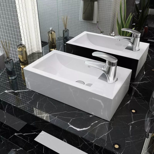 Basin with Faucet Hole Rectangular Ceramic White 46x25.5x12 cm VD04467 - Hommoo