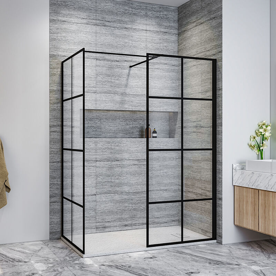 Black 700mm Walk in Shower Screen + 700mm Side Panel+ 1200x700mm Anti-Slip Resin Shower Tray + Striped Stainless steel drain cover - Elegant