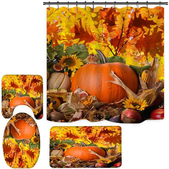 Thanksgiving Day 4 Piece Bathroom Mat Set, Shower Curtain + Toilet Flap Mat + wc Bath Mat + Pedestal Mat - Pumpkin