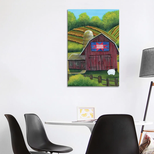 Red White Blue Quilt Barn Sheep by Cheryl Bartley - Graphic Art Print on Canvas