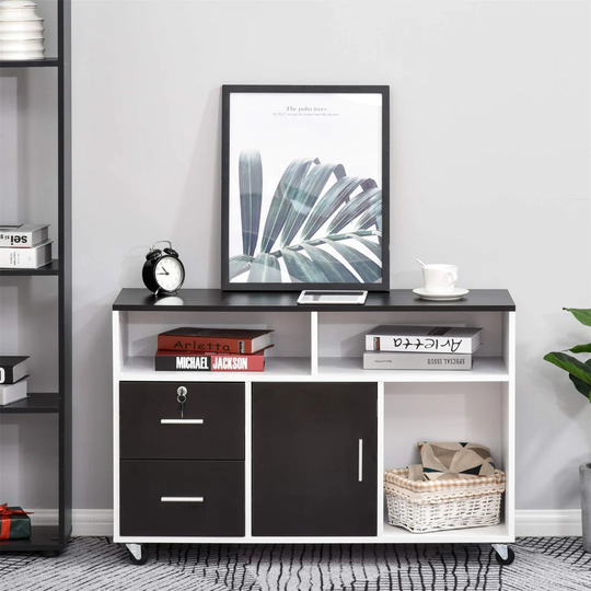 Mobile File Cabinet Home Office Lateral Filing Cabinet, Printer Stand With Open Shelves, Storage Organizer With Lockable Drawer, Black